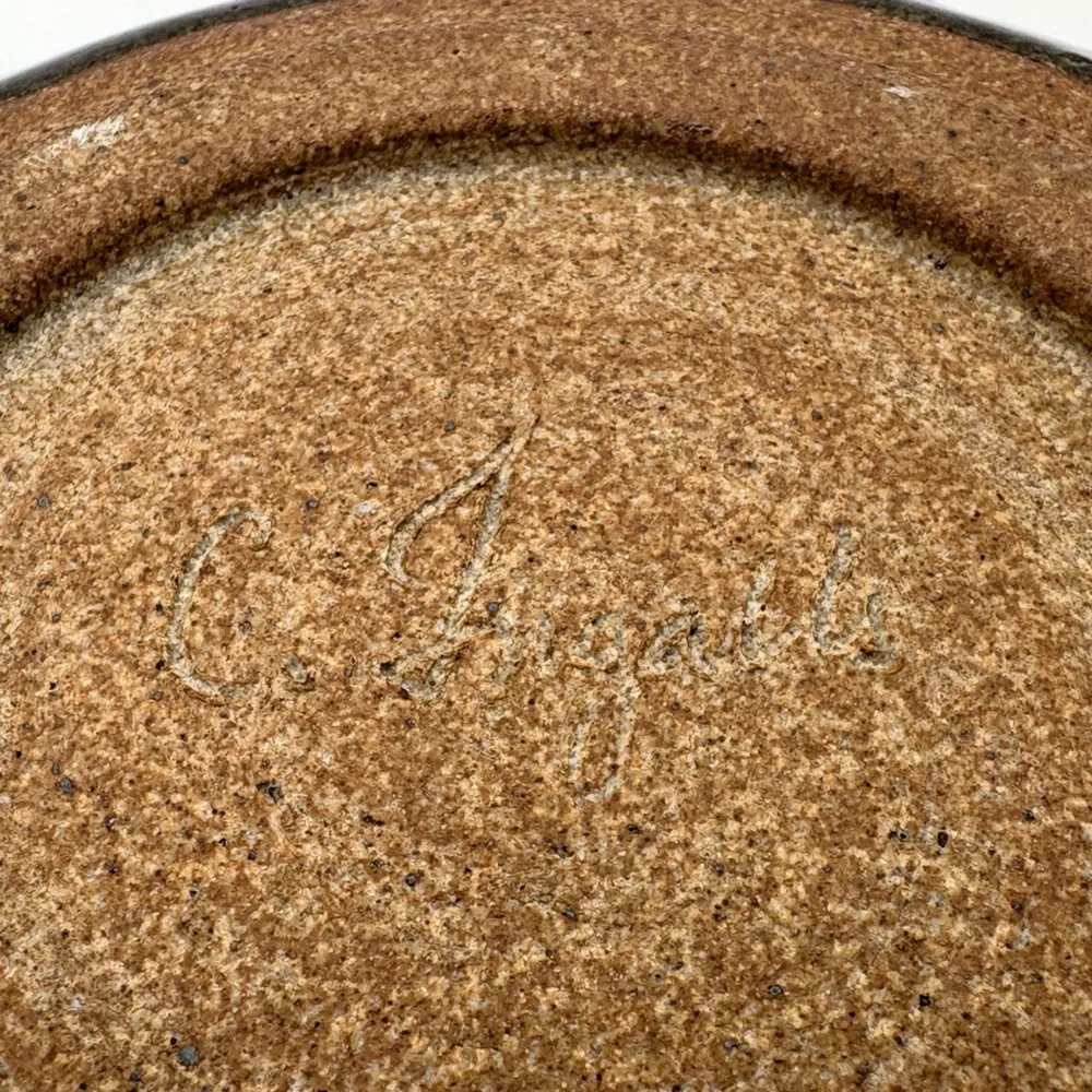 Signed Handcrafted Pottery  Plate with Dark Red Wheat Design on Gray-Green
